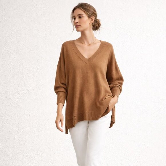 Anthropologie Tops - Maeve Brown V-Neck Wool Blend Sweater Size XL Oversized Cozy Casual Knit Top